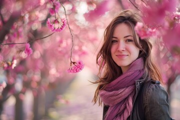 Fototapeta premium A young woman in a leather jacket and pink scarf smiles among pink cherry blossom trees, capturing a beautiful and serene spring moment