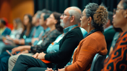 Senior Audience listen to a speech, meeting, presentation, show, congress, sitting in hall, indoor.