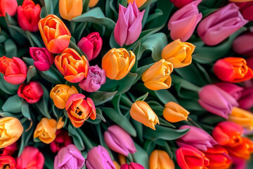 Obraz premium Colorful bouquet of colorfull tulips. Top view.