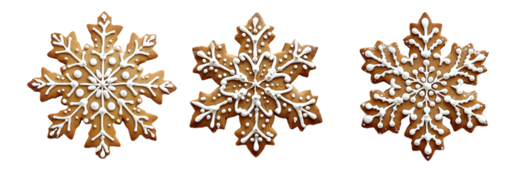 Set of three snowflake shape ginger bread cookies decorated with white frosting isolated on transparent PNG background, for Christmas snack, cards, cookies.