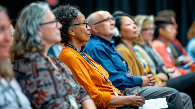 Senior Audience listen to a speech, meeting, presentation, show, congress, sitting in hall, indoor.