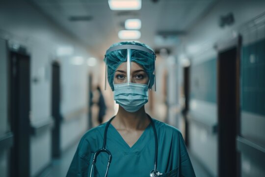 A focused female healthcare worker stands in a hospital corridor, symbolizing dedication and the seriousness of the medical profession
