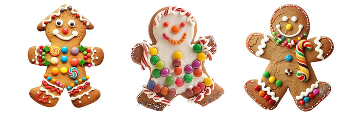Set of three colorful icing decorated ginger man cookies isolated on white background, winter seasonal holidays Merry Christmas cookies isolated on white.