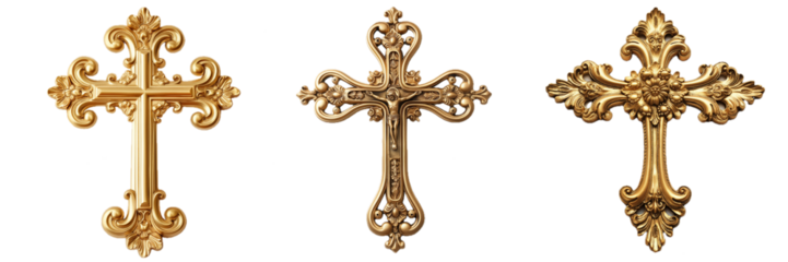 Set of three vintage golden cross isolated on transparent PNG backgrounds.