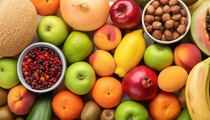 fruits and vegetables, Colorful Fruit Medley A Top View of Fresh Produce