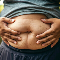 Man holding his belly with his hands, obese, unhealthy lifestyle.