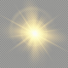 Bright Star. Transparent shining sun, bright flash. Sparks glitter special light effect. Sparkling magic dust particles. Vector illustration.