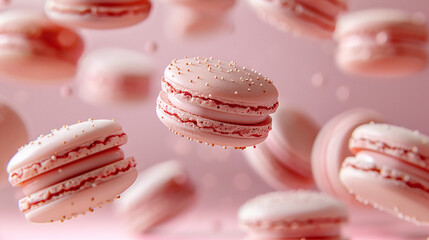 Obraz premium Floating Pink Macarons with Elegant Gold Sprinkles on Rosy Background