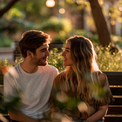 A beautiful young couple sitting on a bench in a park, enjoying the spring, sun, and each others company, in love.
