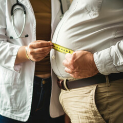 Female Nutritionist measuring waist with measuring tape, of fat man in weight loss clinic.