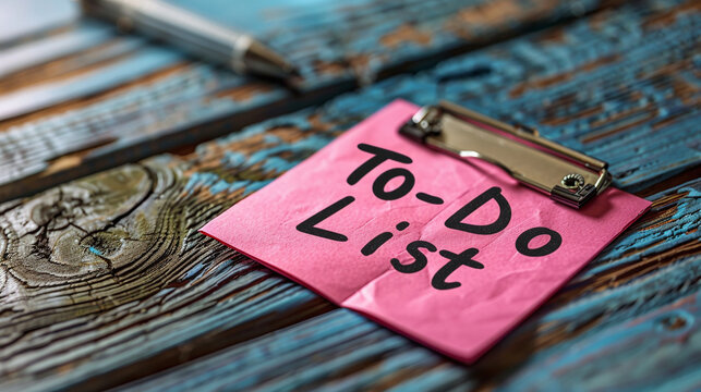 Bright Pink To-Do List Clipboard on Rustic Blue Wooden Table with Pen