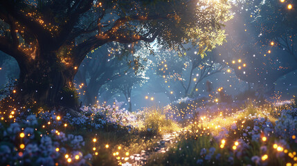 Enchanted Forest Path with Glowing Lights and Misty Ambiance at Twilight