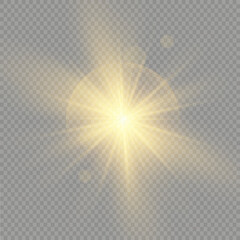 Bright Star. Transparent shining sun, bright flash. Sparks glitter special light effect. Sparkling magic dust particles. Vector illustration.