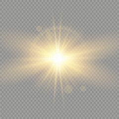 Bright Star. Transparent shining sun, bright flash. Sparks glitter special light effect. Sparkling magic dust particles. Vector illustration.