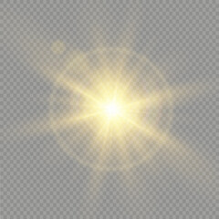 Bright Star. Transparent shining sun, bright flash. Sparks glitter special light effect. Sparkling magic dust particles. Vector illustration.