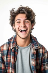 Overjoyed Male Model Happy Portrait of a Person, White Background Studio Photo of Cheerful People Showing Emotion, Hair Fashion Clothing Man Model