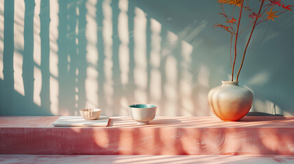 Serene Morning Light on Modern Ceramic Bowls and Elegant Vase
