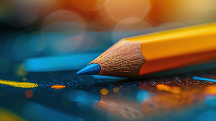 Close up of Blue Tipped Yellow Pencil on Dark Textured Surface with Colorful Bokeh Background - Powered by Adobe