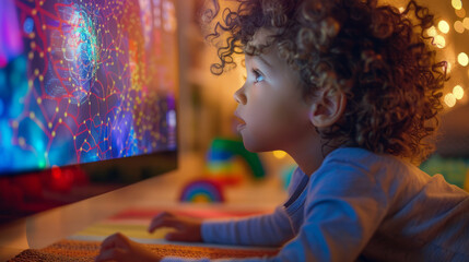 A young child intently interacting with a computer screen displaying
