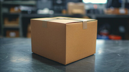 Brown Cardboard Box Sealed with Tape on Warehouse Table