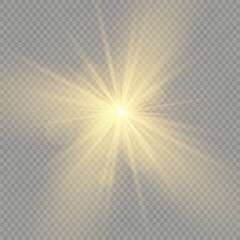 Bright Star. Transparent shining sun, bright flash. Sparks glitter special light effect. Sparkling magic dust particles. Vector illustration.