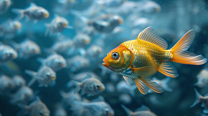 Fototapeta premium Vibrant Golden Fish Leading School in Deep Blue Ocean Waters