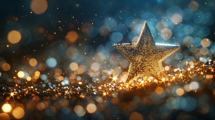 Golden Star Shining Brightly Amidst Magical Blue Sparkling Lights