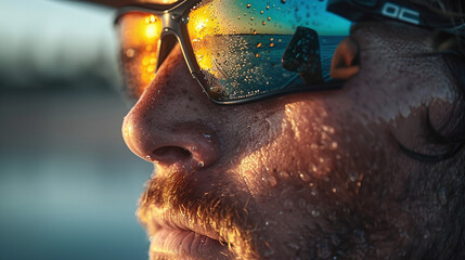 Close Up of Man with Sunglasses at Sunset Water Droplets on Face