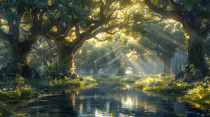 Sunlight Through Trees over Tranquil Forest River Morning Scene