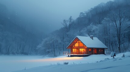 Silent retreat in a minimalist mountain cabin, snow gently falling outside, a haven of peace