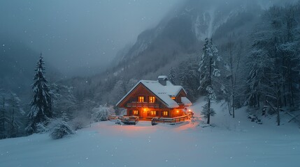 Silent retreat in a minimalist mountain cabin, snow gently falling outside, a haven of peace