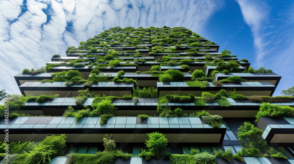 Wall mural A green building with vertical gardens, ecofriendly architecture, blue sky background - Wall murals