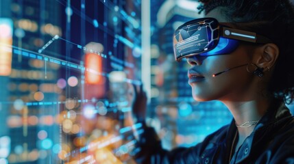 Business person wearing VR headset with financial statistic holographic floating. Close up of smart project manager looking at hologram of marketing graph while using visual reality goggle. AIG42.