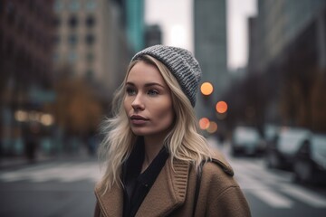 Obraz premium A blonde woman wearing a gray knit hat stands on a city street