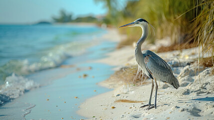 Great Blue Heron standing on a sunny tropical beach with clear blue water and white sand - obrazy, fototapety, plakaty