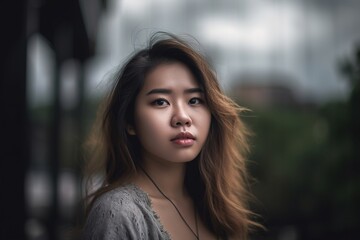 Obraz premium A woman with long brown hair and a necklace is standing in front of a building
