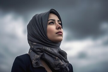 A woman wearing a scarf is looking up at the sky