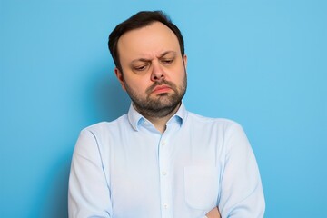 Fototapeta premium A man with a beard and a frowning face is wearing a blue shirt