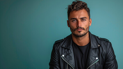 Handsome Bearded Man in Black Leather Jacket on Teal Background