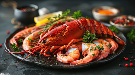 Lobster and Shrimp Platter with Lemon and Herbs on Dark Slate Table