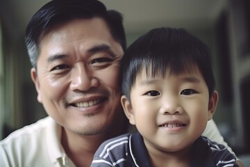 A man and a boy are smiling at the camera