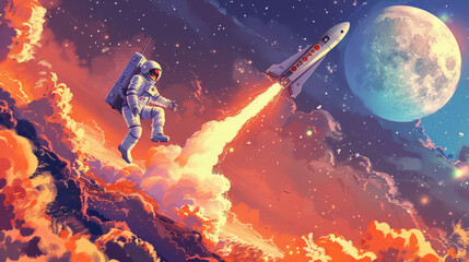 Fototapeta premium An astronaut is flying in the sky on an old rocket, with smoke and flames coming from under it, against the background of stars and clouds in a space landscape with the moon.