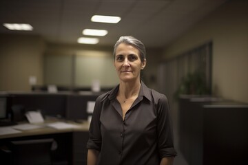Obraz premium A woman stands in a room with a lot of desks and chairs