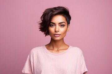 Fototapeta premium A woman with short hair and a pink shirt is posing for a photo