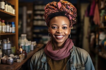 A woman wearing a scarf and a turban is smiling