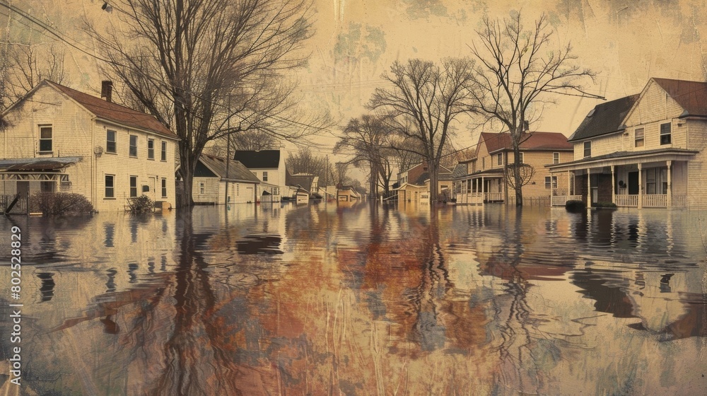 Poster an image of a flooddamaged neighborhood with information on how to reduce the risk of flood damage t
