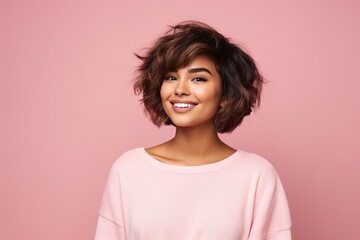 A woman with short hair and a pink shirt is smiling