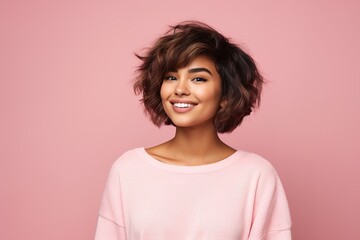 Fototapeta premium A woman with short hair and a pink shirt is smiling