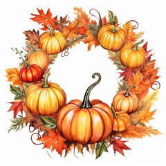 A wreath of pumpkins and leaves with a pumpkin in the center
