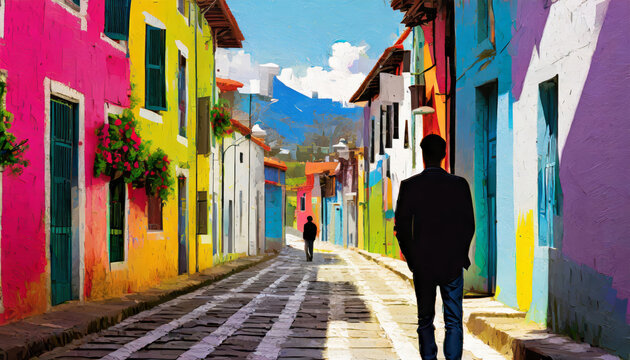 Painting of an old city street with two people